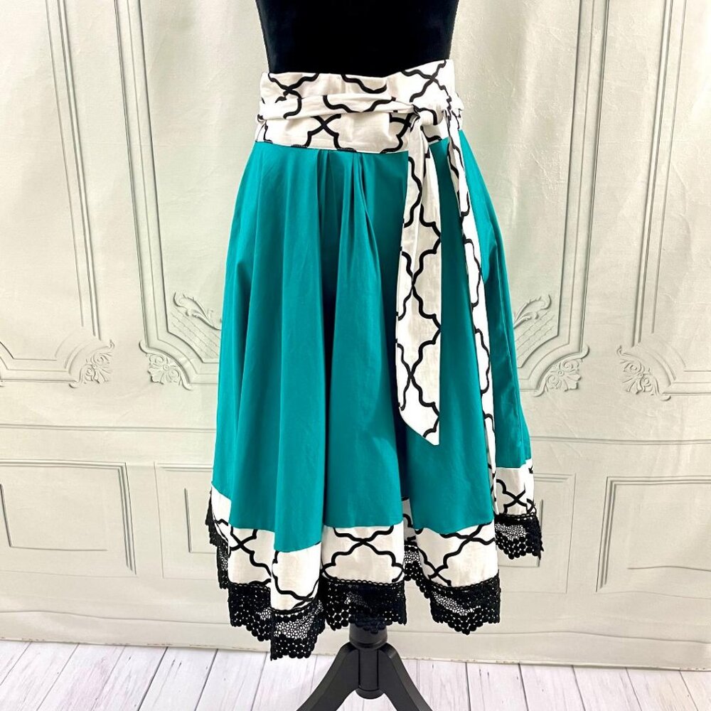 Teal with Black & White trim Handmade High Waist Fit & Flare Retro skirt Size 4